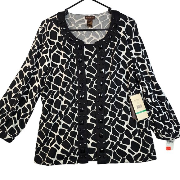 Multiples Large Giraffe Print Beaded Cardigan Black White Long Sleeve Deadstock - Picture 1 of 10